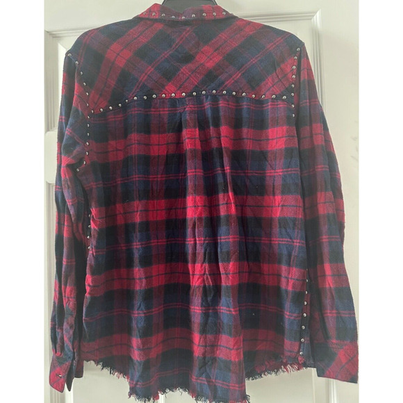 RAILS M Navy Blue Red Plaid Rex Studded Flannel Button Up Raw Hem Shirt LS E9 - Picture 6 of 8